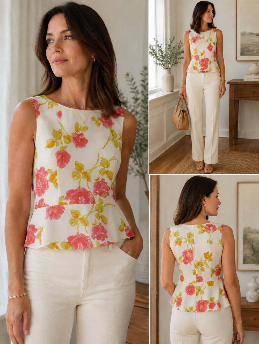Ann Taylor Watercolor Floral Peplum Blouse Size 2 Pink Rose Sleeveless Top